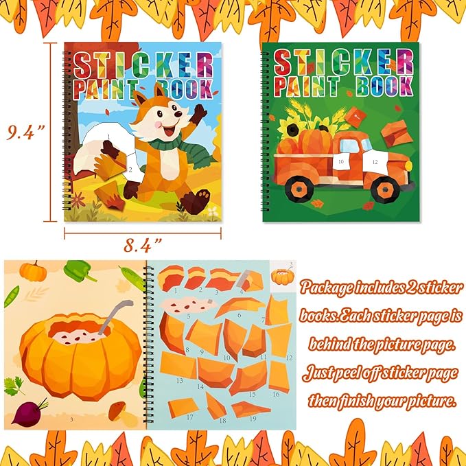 90shine 2PCS Fall Crafts for Kids Sticker Books Ages 4-8 Autumn Thanksgiving Themed Designs Party Gift Create 22 Pictures