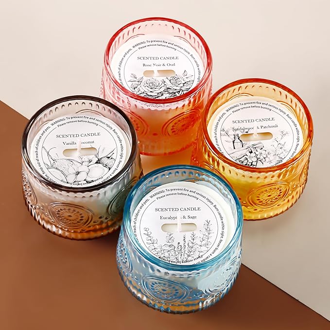 4 Pack Luxury Scented Candles Gift Set - 7oz Soy Wax Candles in Glass Jars, Gifts for Women - Vanilla Coconut, Eucalyptus Sage, Rose Oud, Sandalwood Patchouli