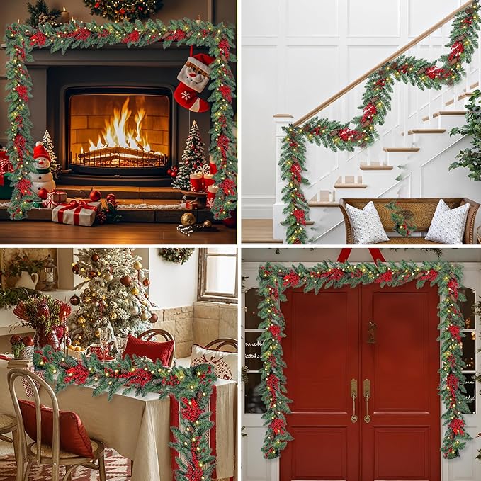 Christmas Garland Lighted Indoor Outdoor Decorations Artificial Christmas Garlands with Light Mantel Pine Cone Red Berries for Door Porch Holiday Party Outdoor Indoor Xmas Decor 6FT