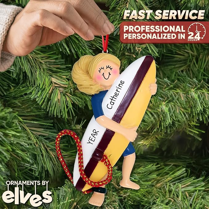 Personalized Surfboard Ornaments 2025 - Blonde Surfer Girl Beach Ornaments Surfer for Christmas Tree Surfboard Decor Surfing Ornament Gifts for Surfers Beachy Christmas by Elves