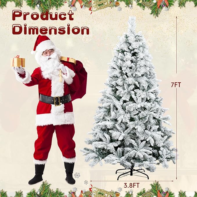 7Ft Prelit Christmas Tree,Snow Flocked Artificial Hinged Holiday Christmas Pine Tree,Xmas Tree w/400 LED Lights and 1500 Snow Flocked Branch Tips for Home,Office,Party Decoration