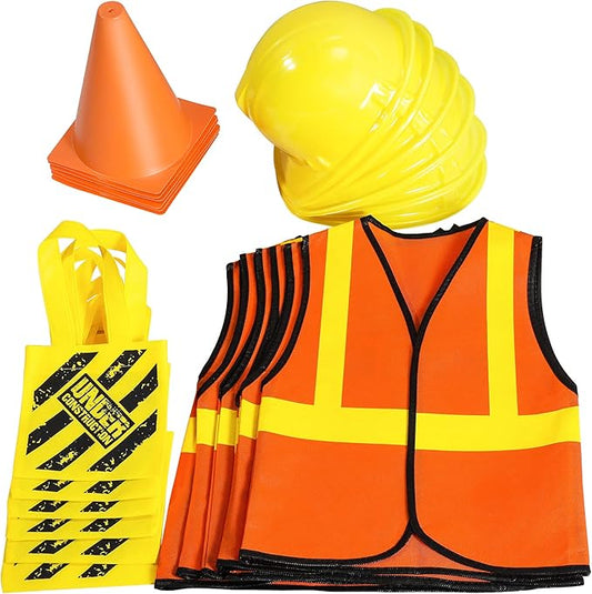 Geyoga 24 Pieces Construction Party Supplies for Kids - Vest, Cones, Hat, Dress Up Bag for Theme Birthdays, Halloween