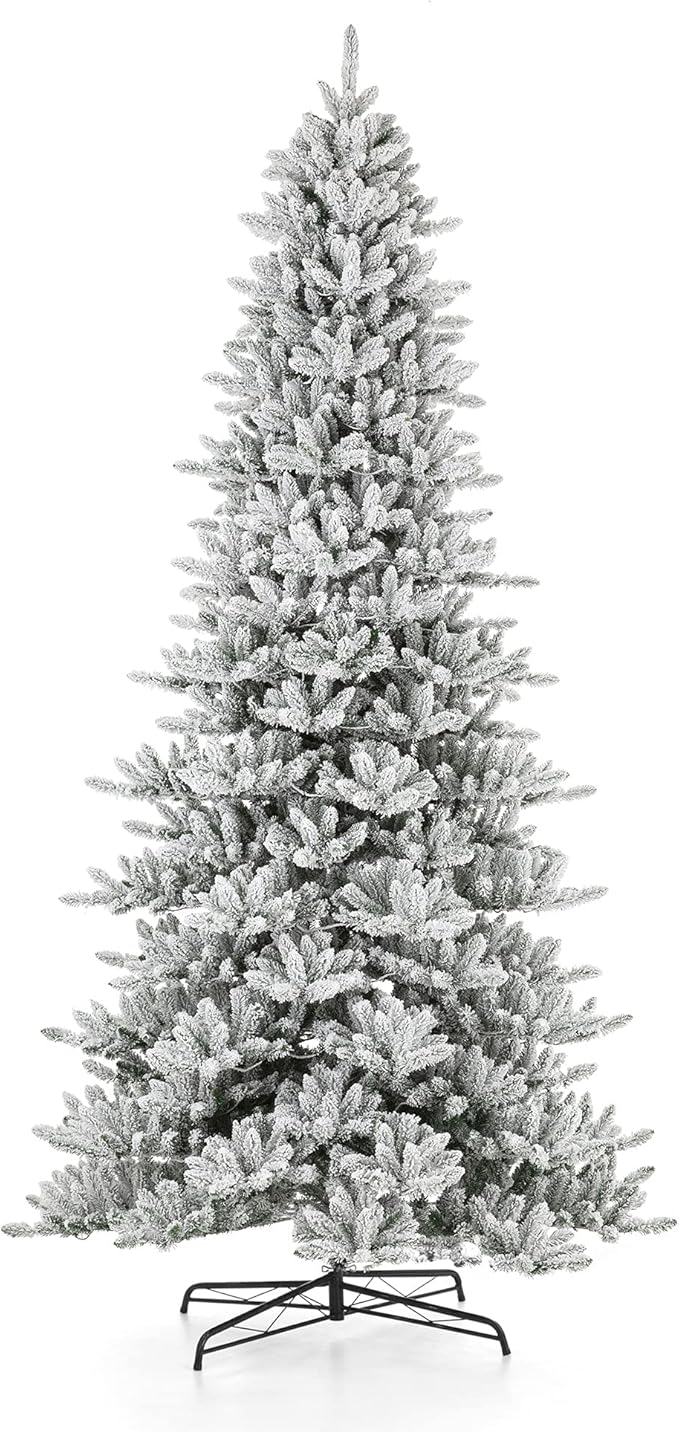 Glitzhome 11ft Pre-Lit Flocked Artificial Christmas Tree Slim Fir Tree Lighted Hinged Holiday Xmas Tree with 950 Lights Foldable Base for Home Office Party Decoration
