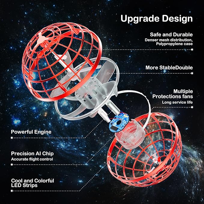 Flying Orb Ball 2024 Galaxy Cosmic Globe UFO Boomerang Hover Ball Galatic Fidget Spinner Mini Drone Cool Toys Birthday Gift Ideas for 6 7 8 9 10+ Year Old Boys Girls Teens Indoor Outdoor(Red)