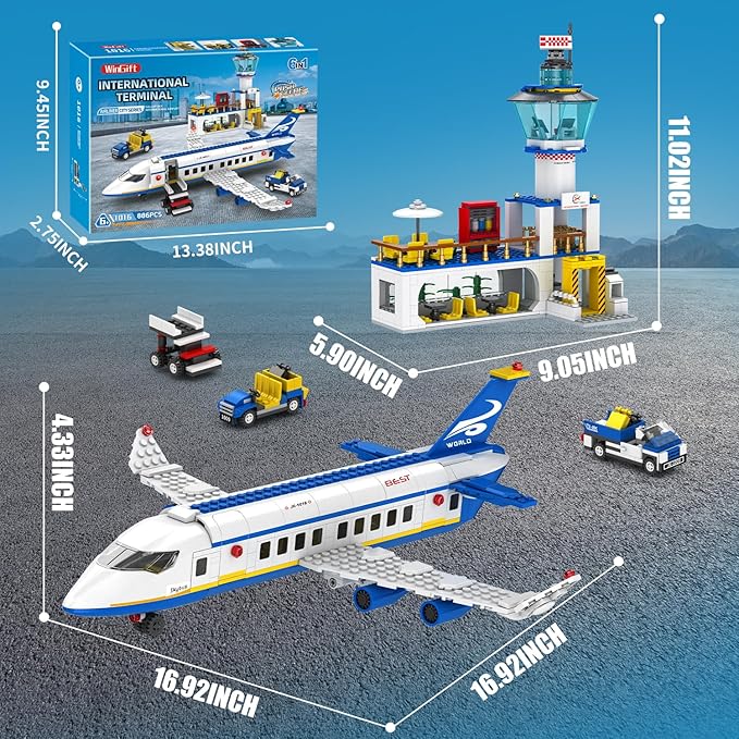 886 Pcs City Airport Passenger Terminal Building Set, 6 IN 1 Airplane Building Blocks Toy, STEM Aircraft Bricks with Shuttle Bus,Luggage Cart,Planes Model Toys Gifts for Adults Boys Ages 6-12+
