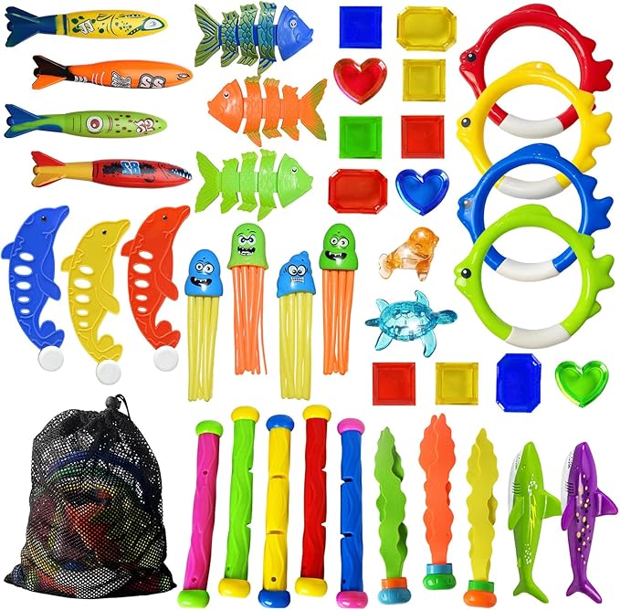 Jasonwell Pool Diving Toys Games - 42PCS Swimming Pool Toys with Dive Sticks and Rings Underwater Treasures Torpedo Bandits Fish Toy etc Fun Water Swim Toy for Boys Girls Adults Kids Teens