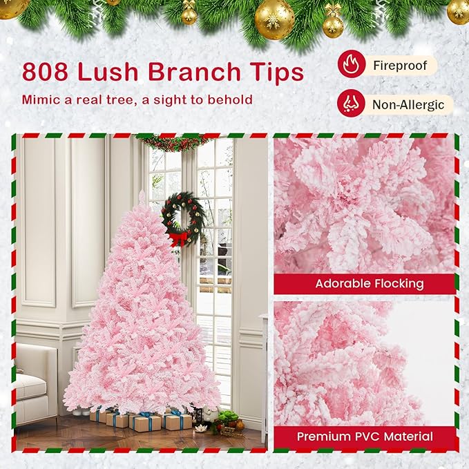 GOFLAME 6FT Pre-Lit Artificial Christmas Tree Snow Flocked, Hinged Xmas Tree with 808 PVC Branch Tips, 350 LED Lights & 8 Lighting Modes, Holiday Decoration Tree for Home, Office, Party, Pink