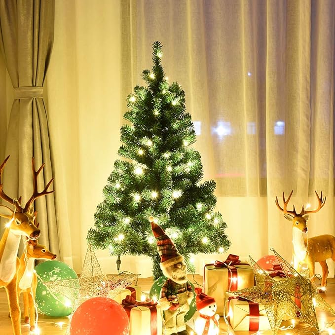 GOFLAME 4FT Pre-lit Artificial Christmas Tree, PVC Pine Tree Home Holiday Decoration with Plastic Stand