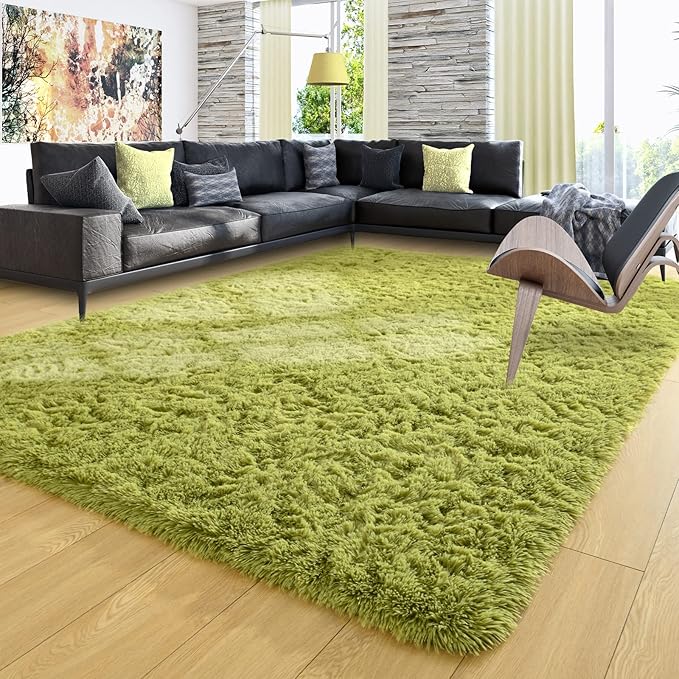 Ompaa Green 8x10 Feet Large Area Rugs Fluffy Living Room Carpet, Wall to Wall Big Shag Grass Green Rug for Bedroom Kids Playroom Classroom Nursery Home Office Decor