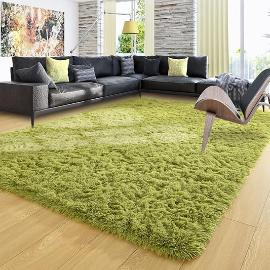 Ompaa Green 8x10 Feet Large Area Rugs Fluffy Living Room Carpet, Wall to Wall Big Shag Grass Green Rug for Bedroom Kids Playroom Classroom Nursery Home Office Decor