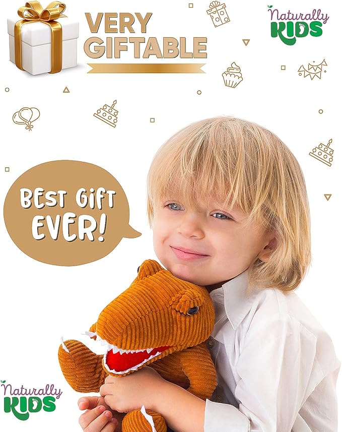 Naturally KIDS Stuffed Animal, Toddler Gifts for Boys, Girls, Plush Dinosaur Toy Brown