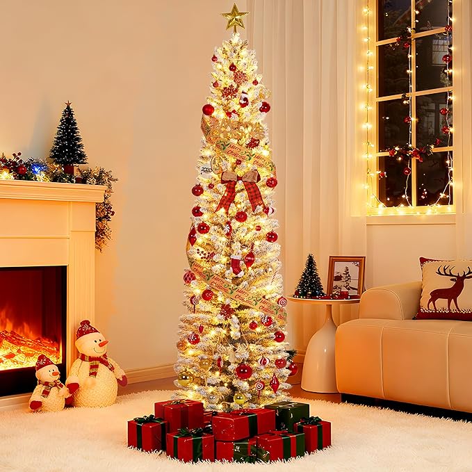 Christmas Artificial Pencil Tree 9Ft with LED Lights, PVC Mixed Tree with Flocked, Holiday Decoration for Indoor Outdoor