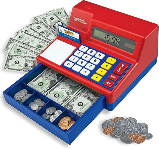 Learning Resources Pretend & Play Calculator Cash Register Toy - Gift for Kids, Toddler Toys, Play Money & Credit Card, Shopping Store Playset, Educational Preschool Activities