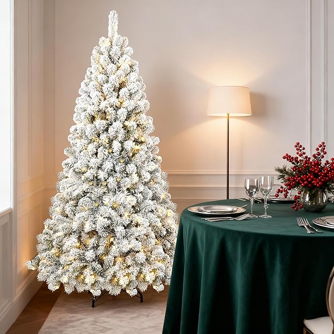 8ft Per-Lit Snow Flocked Christmas Tree, Artificial Christmas Tree with 500 Warm White Lights,1460 Branch Tips, Premium Green Full Xmas Tree for Easy Holiday Setup, Foldable Metal Base