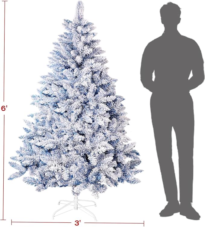 6ft Premium Hinged Artificial Holiday Christmas Tree for Home, Office, Party Decoration Snow Flocked Xmas Pine with 1,000 Branch Tips, Easy Assembly, Metal Hinges & Base (Blue)