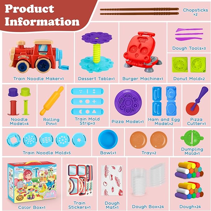 85 PCS 3 in 1 Dough Sets for Kids Ages 3-4-8, Art Crafts Dough Tools Kit, Train Engine Noodle Playset with Light & Sound, Hamburger Machine, Dessert Rack, Kitchen Creations Food Play Toys Boys Girls