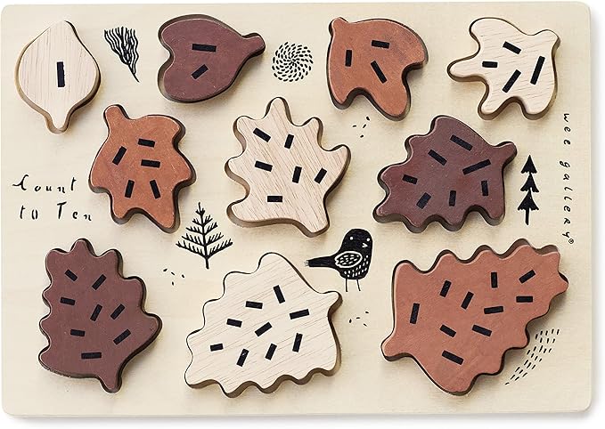Wee Gallery Wooden Tray Puzzle Count to Ten Leaves, Montessori Toy for Toddlers and Preschoolers for Early Learning and Fine Motor Skill Development, Sustainable Educational Puzzle for Kids