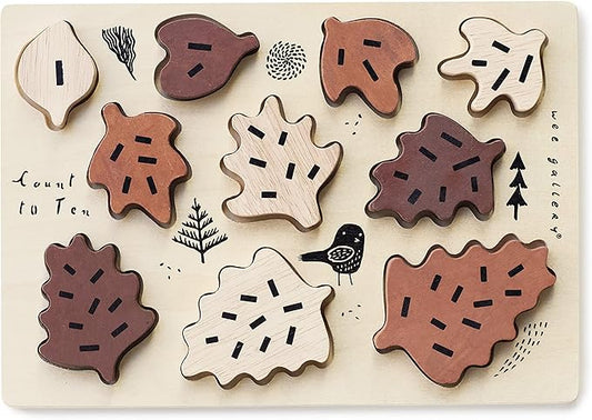 Wee Gallery Wooden Tray Puzzle Count to Ten Leaves, Montessori Toy for Toddlers and Preschoolers for Early Learning and Fine Motor Skill Development, Sustainable Educational Puzzle for Kids