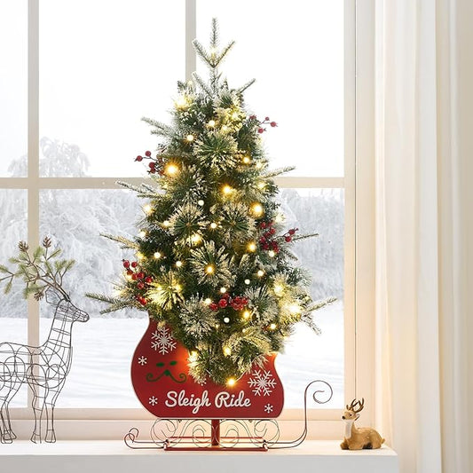3FT Small Christmas Tree, Artificial Christmas Tree with 78 LED Lights & Bobsleigh Base, Prelit Mini Tree for Christmas Decor,Tabletop Christmas Tree, 8 Modes Remote Control, Timer Battery Operated