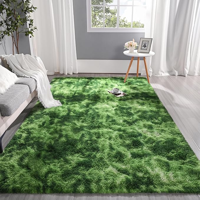 Pettop Fluffy Shag Area Rug, 4x6 Tie-Dyed Plush Fuzzy Rugs for Living Room, Ultra Soft Shaggy Rugs for Bedroom, Non-Slip and Washable Indoor Carpet for Girls Kids Room Home Decor, Dark Green