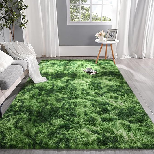 Pettop Fluffy Shag Area Rug, 4x6 Tie-Dyed Plush Fuzzy Rugs for Living Room, Ultra Soft Shaggy Rugs for Bedroom, Non-Slip and Washable Indoor Carpet for Girls Kids Room Home Decor, Dark Green
