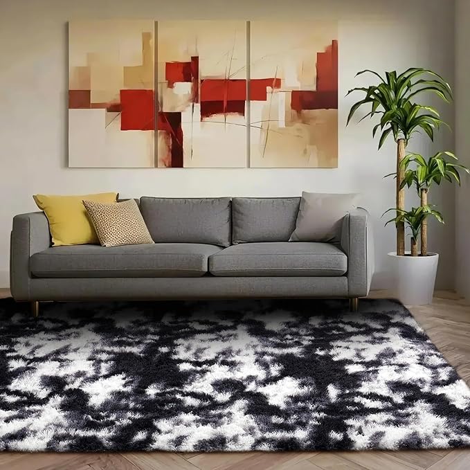 Ophanie Black and White Rugs for Living Room Bedroom, 5x8 Fluffy Fuzzy Furry Carpet, Plush Soft Shaggy Bedside Indoor Floor Area Rug for Kids Girls Boys Baby Teen Dorm Nursery Home Decor Aesthetic