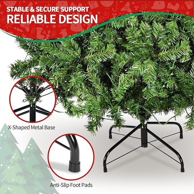 6ft Prelit Artificial Christmas Tree, Fake Xmas Tree with 250 LED Lights, 1060 Branch Tips, Metal Hinges, Pre-Lit Christmas Tree for Home Office Decoration
