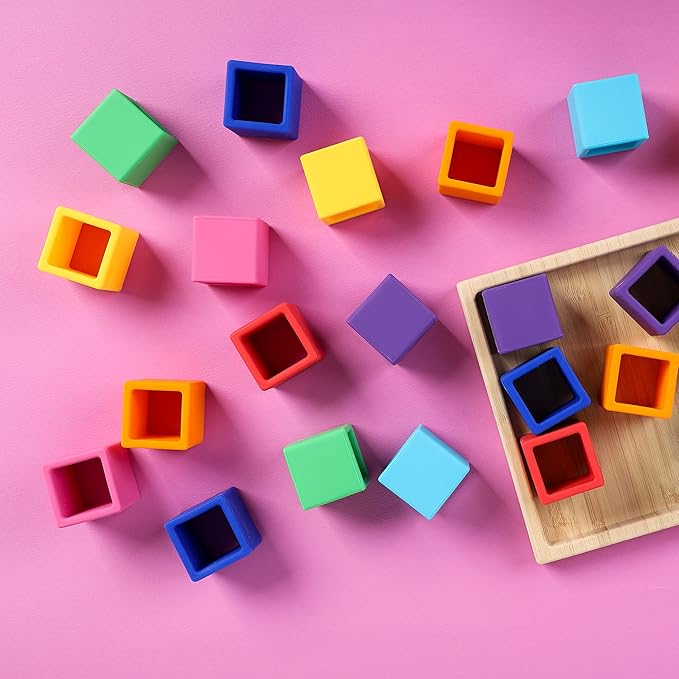 BLUE GINKGO Silicone Rainbow Blocks – [24 PC] Giftable Soft Blocks for Kids, BPA-Free Montessori Stacking Toy with Sorting Tray (Vibrant)