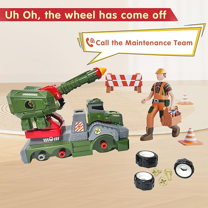 11inches Large Take Apart Trucks Army Toys for Boys Girls Kids 3-10 Year Old Missile Vehicles Anti Aircraft Trucks Toys with Electric Drill Assembly Toy