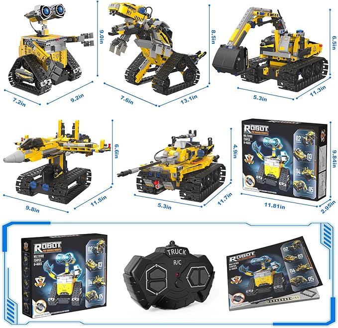 Insnug Robot Building Set with Remote Control for Boys Ages 8-12, Tracked RC Robotics Building Kit, 5 in 1 Models Wall Robot Dinosaur Tank Aircraft Excavator Assembly for Kids Birthday (724pcs)