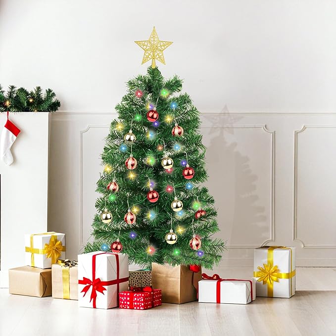 3 Ft Green Christmas Tree Tinsel Dual Color Change 12 Modes Timer DIY 50 Warm White & Colored Lights 15 Ball Ornaments Star Battery Operated Small Artificial Full Xmas Tree Table Indoor Holiday Decor