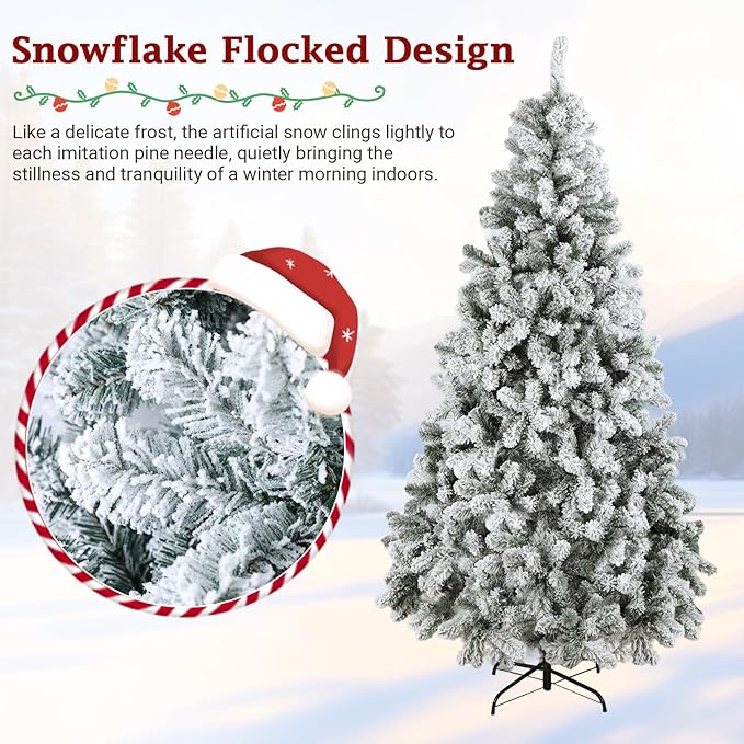 6ft Snow-Flocked Artificial Christmas Tree, Premium Unlit Holiday Xmas Tree for Home Office Party Decoration with 800 PVC Hinged Branch Tips, Foldable Stand, Green&White