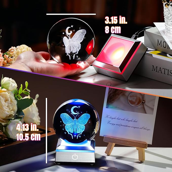 3D Crystal Butterfly Ball Gifts for Women, Gifts Ideas for Wife Mom Girlfriend Couple Her, Butterfly with Star Moon in Crystal Ball 3.15in with Colorful LED Light Base Home Office Decor