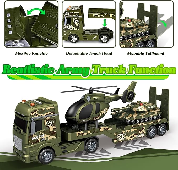 3-in-1 Military Truck Toys for Kids Ages 3-6 - Inertia Semi Trailer with Helicopter & Tank, Light and Sound Army Vehicles