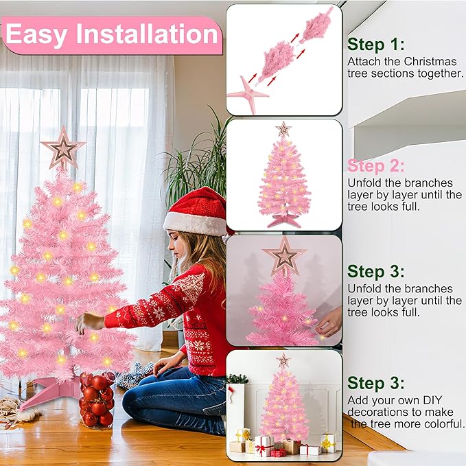 3 Ft Pink Christmas Tree with Lights, Timer 8 Modes 50 Warm White Lights Battery Operated Small Artifical Full Christmas Tree for Tabletop Home Office Indoor Outdoor Xmas Holiday Party Decorations