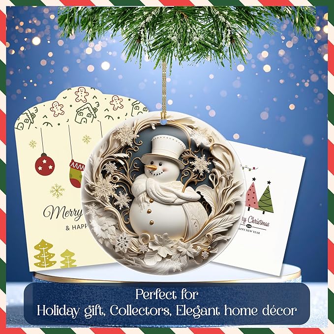 2025 Christmas Ornament – Elegant White & Gold Snowman Acrylic Ornament, Luxury Design for Tree & Holiday Décor, Dated Navidad 2025 Ornament, Classic Winter Decoration Gift Idea