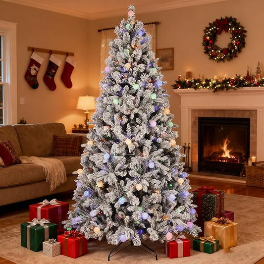 7.5 ft Prelit Flocked Christmas Tree with 400 Multi-Color Changing RGB LED Lights, Twinkle Artificial Christmas Tree with 1523 Tips