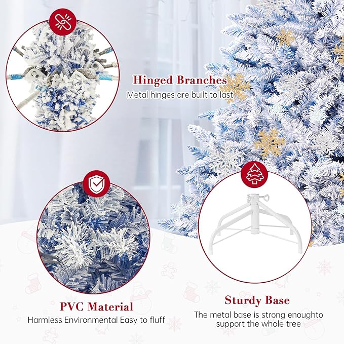 SUNCROWN 6ft Artificial Flocked Christmas Tree Premium Frosted Snow Christmas Tree Hinged Xmas Tree Holiday Decor for Indoor Outdoor, Foldable Metal Stand, 1000 Branch Tips, Dark Blue