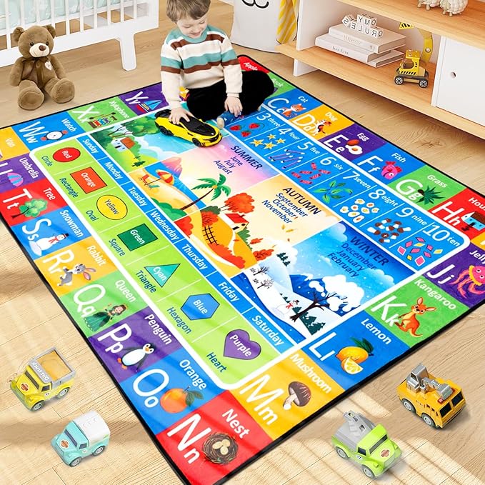 ABC Rug for Kids Playroom, Alphabet Rug 4x6 Feet, Washable Play Mat Non-Slip ABC Mat Classroom Carpet for Learning Letters, Animal, Shape, Color, Nursery Toddler Play Room Decor