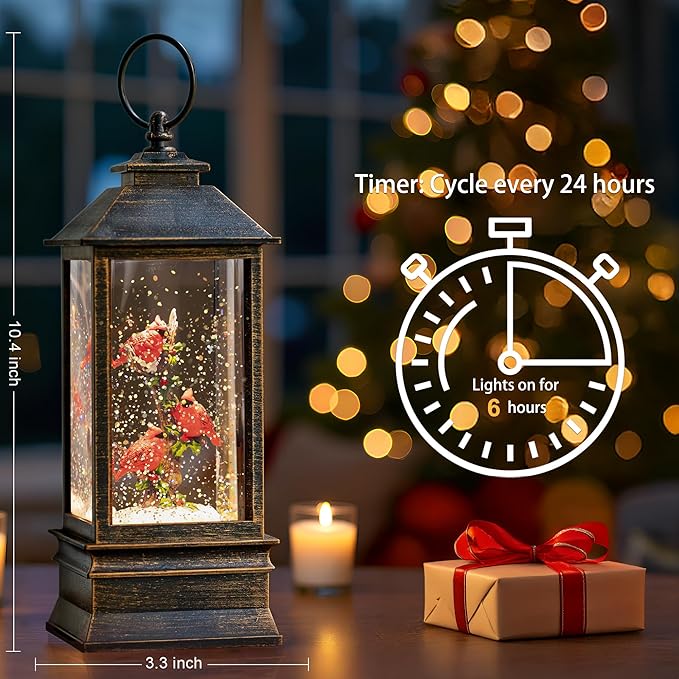 10" Snow Globe Lights, Shimmering Music Box, USB and Battery Powered Christmas Decorations Gift (Three Cardinals)