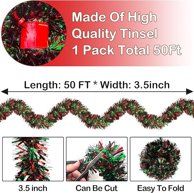 50ft Metallic Tinsel Garland - Christmas Tree Hanging Decorations (Red, Green, Black)