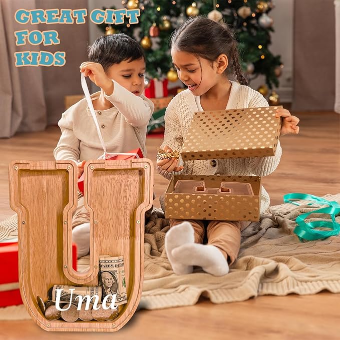 Personalized Wooden Letter Piggy Bank for Kids Larger Letter Piggy Bank for Boys and Girls Initial Coin Bank Customized Piggy Bank Perfect Wood Kids Money Bank for Birthday and Festival