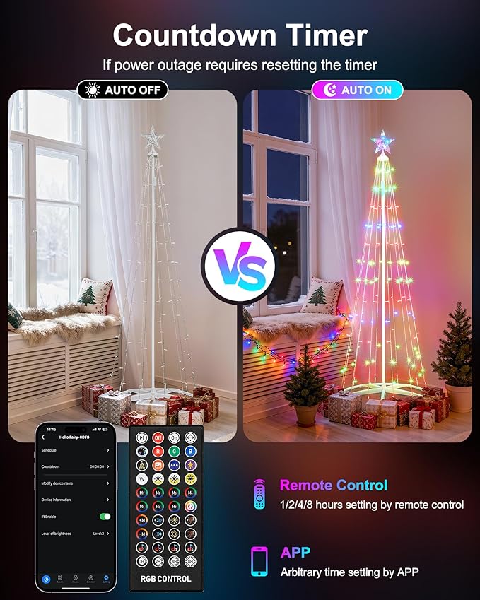 7.5Ft Smart LED Christmas Cone Tree Light, 178 LEDs Lighted Artificial Tree with Star Topper, Music Sync with Remote APP Control, DIY RGB Light Show Tree for Xmas Indoor Outdoor Decorations (RGB)