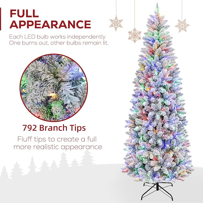 Hykolity 7.5 ft Pencil Prelit Christmas Tree, Artificial Slim Christmas Tree with 300 Multicolor LED Lights, 792 PVC Branch Tips, Metal Stand and Hinged Branches, 10 Modes