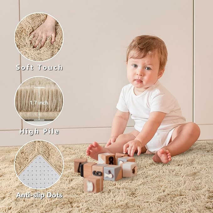 Nuttumico Fluffy Beige 8x10 ft Large Area Rugs for Living Room, Big Shaggy Floor Rug, Soft Plush Non-Slip Rectangle Carpet for Home Decor