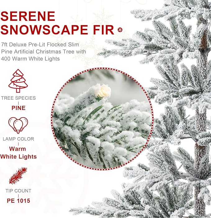 Glitzhome Flocked Christmas Tree, 7ft Pre-Lit Artificial Christmas Tree with 400 Warm White Lights, Deluxe Xmas Serene Snowscape Fir Tree with 1015 PE Tips and Sturdy Metal Stand,Easy Set Up