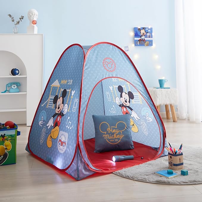 Disney Mickey Mouse 3 Piece Slumber Set with Kids Indoor Outdoor UPF 30+ Pop Up Play Tent with Pillow and Flashlight