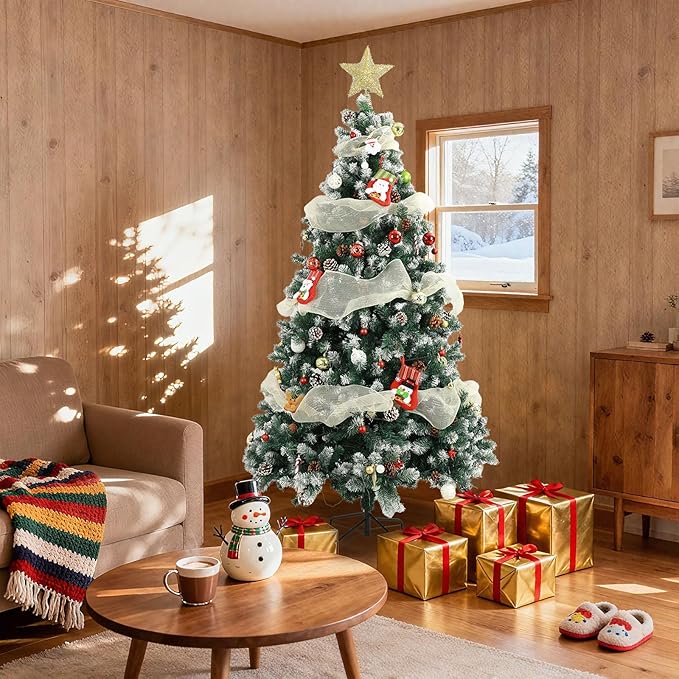 6Ft Christmas Tree,Green Artificial Hinged Holiday Christmas Pine Tree with Pinecones,Xmas Tree w/1400 Snow Flocked Branch Tips for Home,Office,Party Decoration