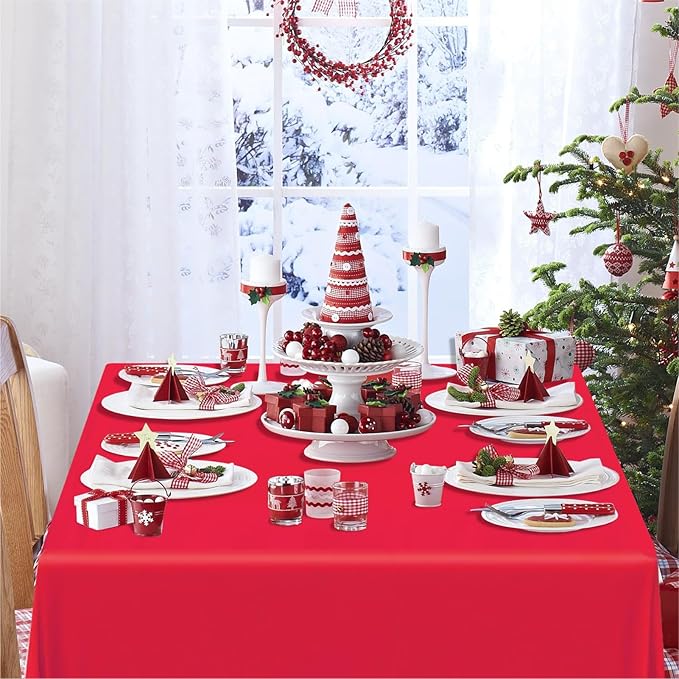 12 Pack Christmas Tablecloths for Rectangle Tables, 54 x 108 Inch Disposable Plastic Table Covers for Xmas Party Decoration, Red White Green Waterproof Table Cloth Bulk for Wedding Gathering Banquet