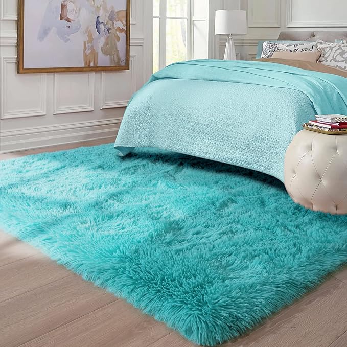 Ompaa Soft Fluffy Area Rug for Living Room Bedroom, 4x6 Teal Blue Plush Shag Rugs, Fuzzy Shaggy Accent Carpets for Kids Girls Rooms, Modern Apartment Nursery Dorm Indoor Furry Decor
